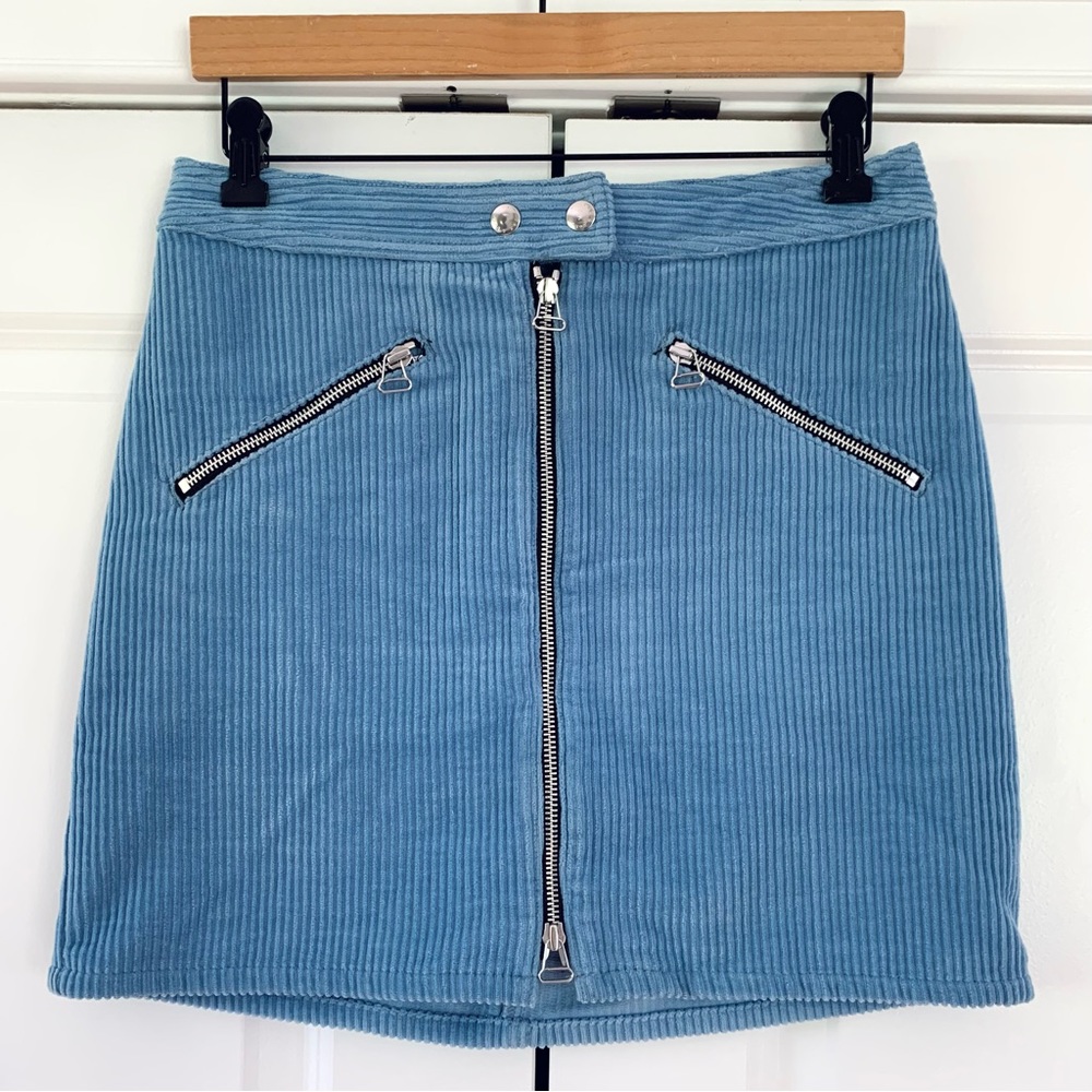 Rag & Bone Skirt Blue Corduroy Straight Cut Moto Biker Zip Front Mini Size 6